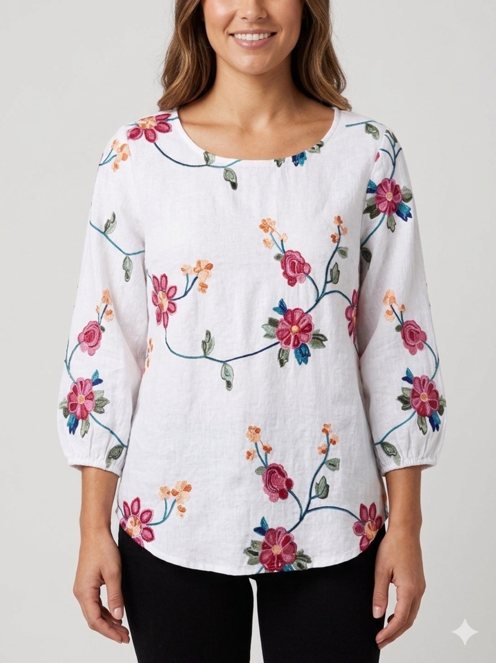 Kindred White Embroidered Floral Peasant Blouse Boho Top Size Small Puff Sleeve